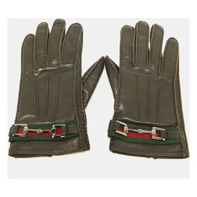 Gucci Brown Leather Web Horsebit Gloves Size