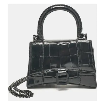 Balenciaga Black Croc Embossed Leather Mini Chain Hourglass Bag