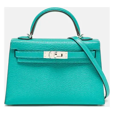 Hermes Vert Verone/Bleu Zanzibar Chevre Leather Palladium Finish Mini Kelly II Sellier Bag