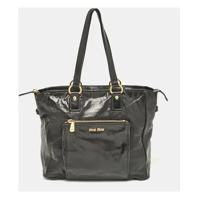 Miu Miu Black Glossy Leather Front Pocket Tote