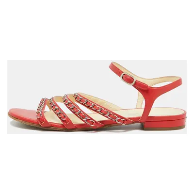 Chanel Red Leather Chain Link Detail Strappy Flat Sandals Size 39.5