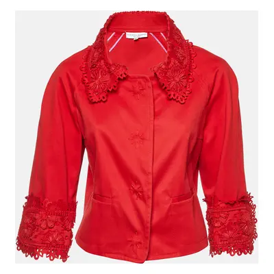 Carolina Herrera Red Gabardine Lace Detail Cropped Jacket