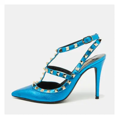 Valentino Metallic Blue Leather Rockstud Ankle Strap Pumps Size 35.5