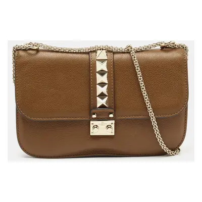 Valentino Brown Leather Medium Rockstud Glam Lock Flap Bag