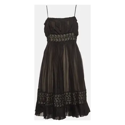 Sportmax Black Lace Trim Silk Pleated Midi Empire Dress