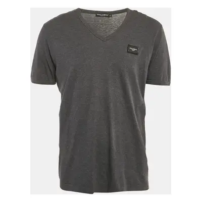 Dolce & Gabbana Grey Logo Plaque Jersey V-Neck T-Shirt