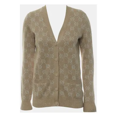 Gucci Light Brown, Camel, Beige Cotton, Metallised Fiber, GG Jacquard Cardigan