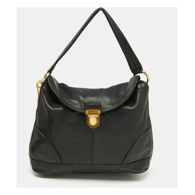 Prada Black Soft Leather Pushlock Flap Hobo