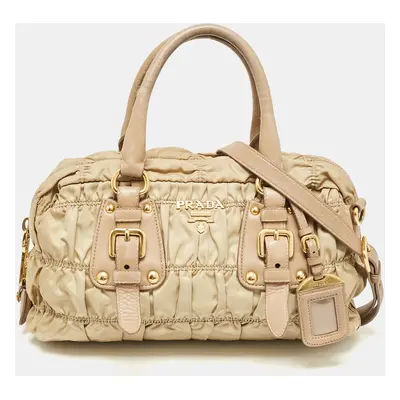 Prada Beige Gaufre Leather and Nylon Zip Satchel