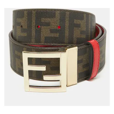 Fendi Brown/Red Zucca Coated Canvas and Patent Leather FF Logo Belt