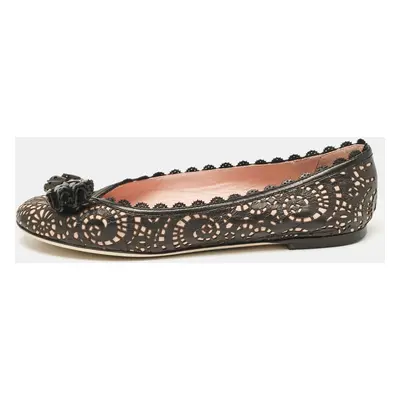 Dior Black/Pink Laser Cut Leather Bow Ballet Flats Size