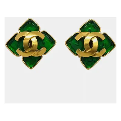 Chanel Rhombus Earrings Gripoix Clip-On Gold Green 95P