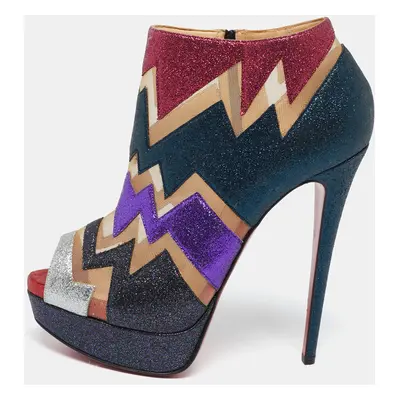 Christian Louboutin Multicolor Glitter and Mesh Ziggy Peep-Toe Ankle Booties Size