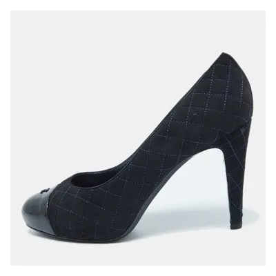 Chanel Navy Blue/Black Quilted Suede and Patent Leather CC Cap Toe Pumps Size