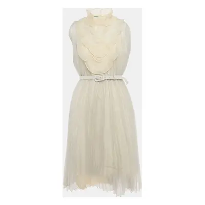 Prada Light Grey Plisse Organza Jabot Detail Dress