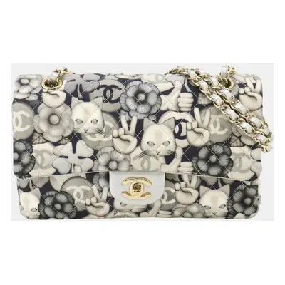 Chanel Navy Blue, White Nylon Cat Patterned Double Flap Shoulder Bag