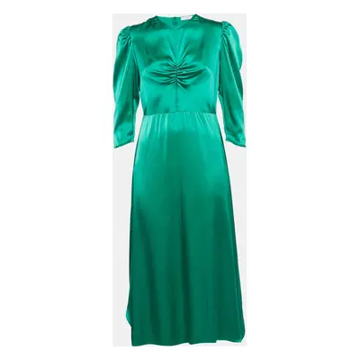 Sandro Green Satin Silk Ruche Detail Midi Dress