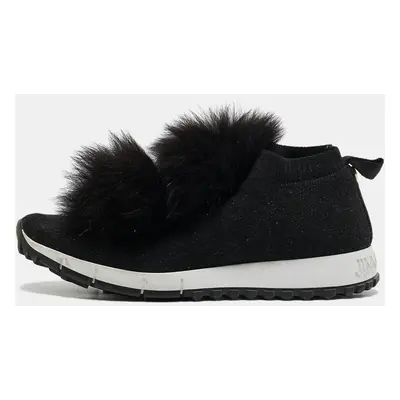 Jimmy Choo Black Knit Fabric and Fur Pom Pom Norway Slip On Sneakers Size