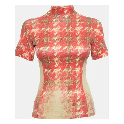 Roberto Cavalli Red/Beige Floral Print Modal Jersey High Neck Top