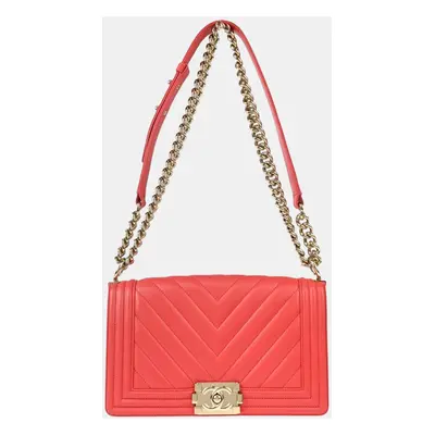 Chanel Boy Pink Lambskin Chevron Medium Double Chain Shoulder Bag