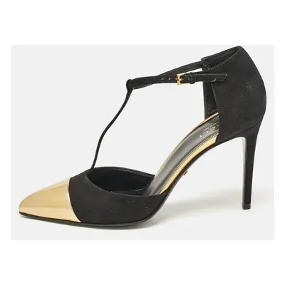 Gucci Black/Gold Leather and Suede T Strap Pumps Size