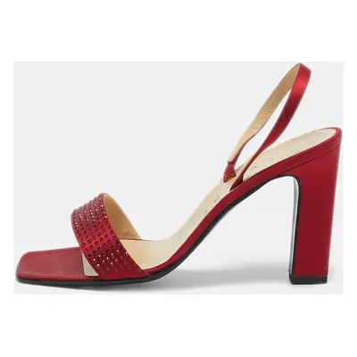 Celine Red Satin Crystal Embellished Slingback Sandals Size