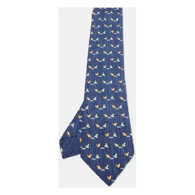 Hermes Blue Whimsical Chickens Print Silk Classic Tie