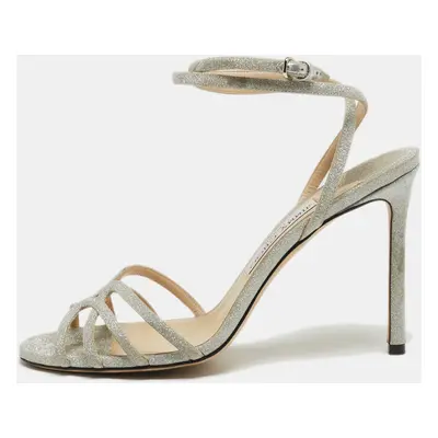 Jimmy Choo Silver Glitter Mime Ankle Wrap Sandals Size 39.5