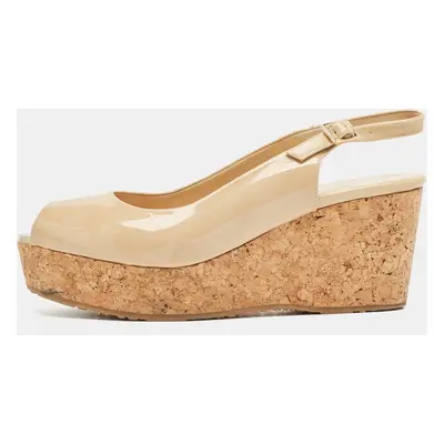 Jimmy Choo Beige Patent Leather Praise Cork Wedge Sandals Size