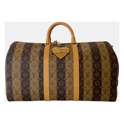 Louis Vuitton Virgil Abloh NIGO Brown Monogram Stripes Coated Canvas Keepall Bandoulière Duffel 