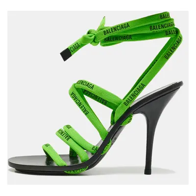 Balenciaga Green/Black Leather Logo Lace Ankle Wrap Sandals Size