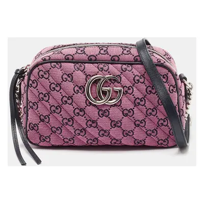 Gucci Pink/Navy Blue Diagonal Quilted GG Canvas Small GG Marmont Shoulder Bag