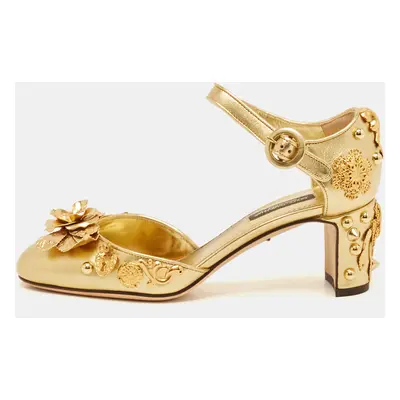 Dolce & Gabbana Gold Leather Embellished Ankle Strap Sandals Size