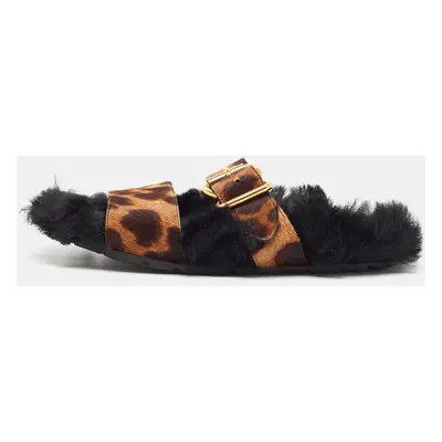 Prada Brown Calf Hair and Fur Buckle Flat Slides Size