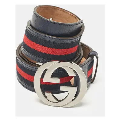 Gucci Navy Blue Leather and Web Canvas Interlocking G Buckle Belt