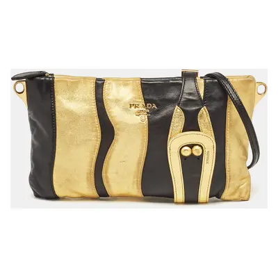 Prada Gold/Black Striped Leather Flat Zip Crossbody Bag