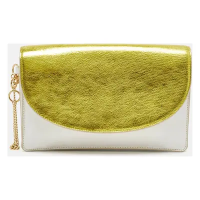 Diane Von Furstenberg White/Gold Leather Flap Clutch