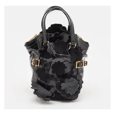 Yves Saint Laurent Black Patent Leather Floral Applique Downtown Tote