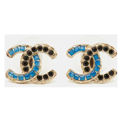 Chanel CC Blue Black Crystal Gold Tone Stud Earrings