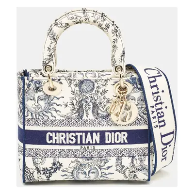 Dior Navy Blue/White Embroidered Canvas Medium Toile de Jouy Lady D-Lite Tote