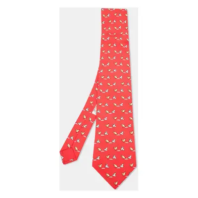 Hermès Red Whimsical Chickens Print Silk Classic Tie