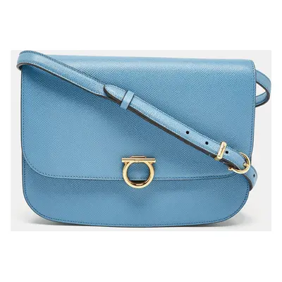 Salvatore Ferragamo Light Blue Leather Gancini Rounded Flap Crossbody Bag