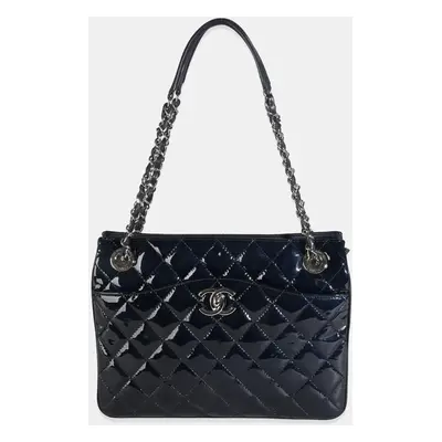 Chanel Navy Quilted Patent Small Chanel Shopping Tote