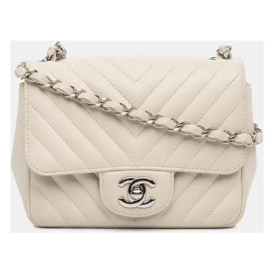 Chanel Beige Mini Square Classic Chevron Lambskin Single Flap