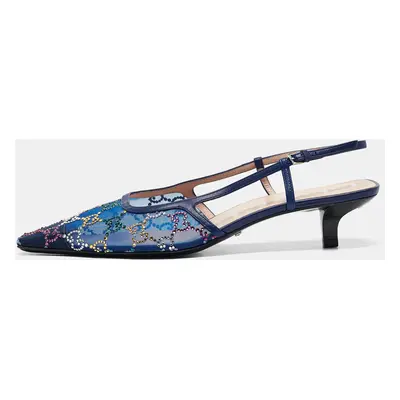 Gucci Blue GG Embellished Mesh and Leather Slingback Pumps Size