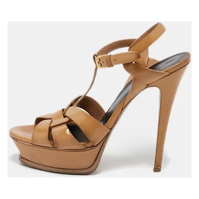 Saint Laurent Beige Patent Leather Tribute Platform Sandals Size