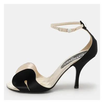 Chanel Cream/Black Satin Bow Ankle Strap Sandals Size