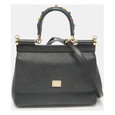 Dolce & Gabbana Black Leather Studded Miss Sicily Top Handle Bag