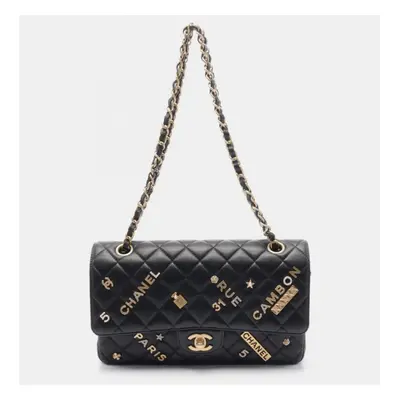 Chanel Black Lambskin Leather Double Flap Shoulder Bag