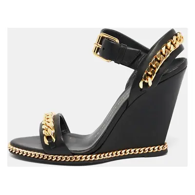 Giuseppe Zanotti Black Leather Chain Link Detail Wedge Ankle Strap Sandals Size